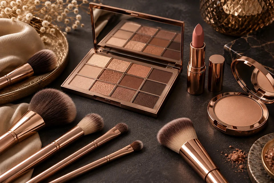 Brochas, sombras y cosméticos de maquillaje profesional